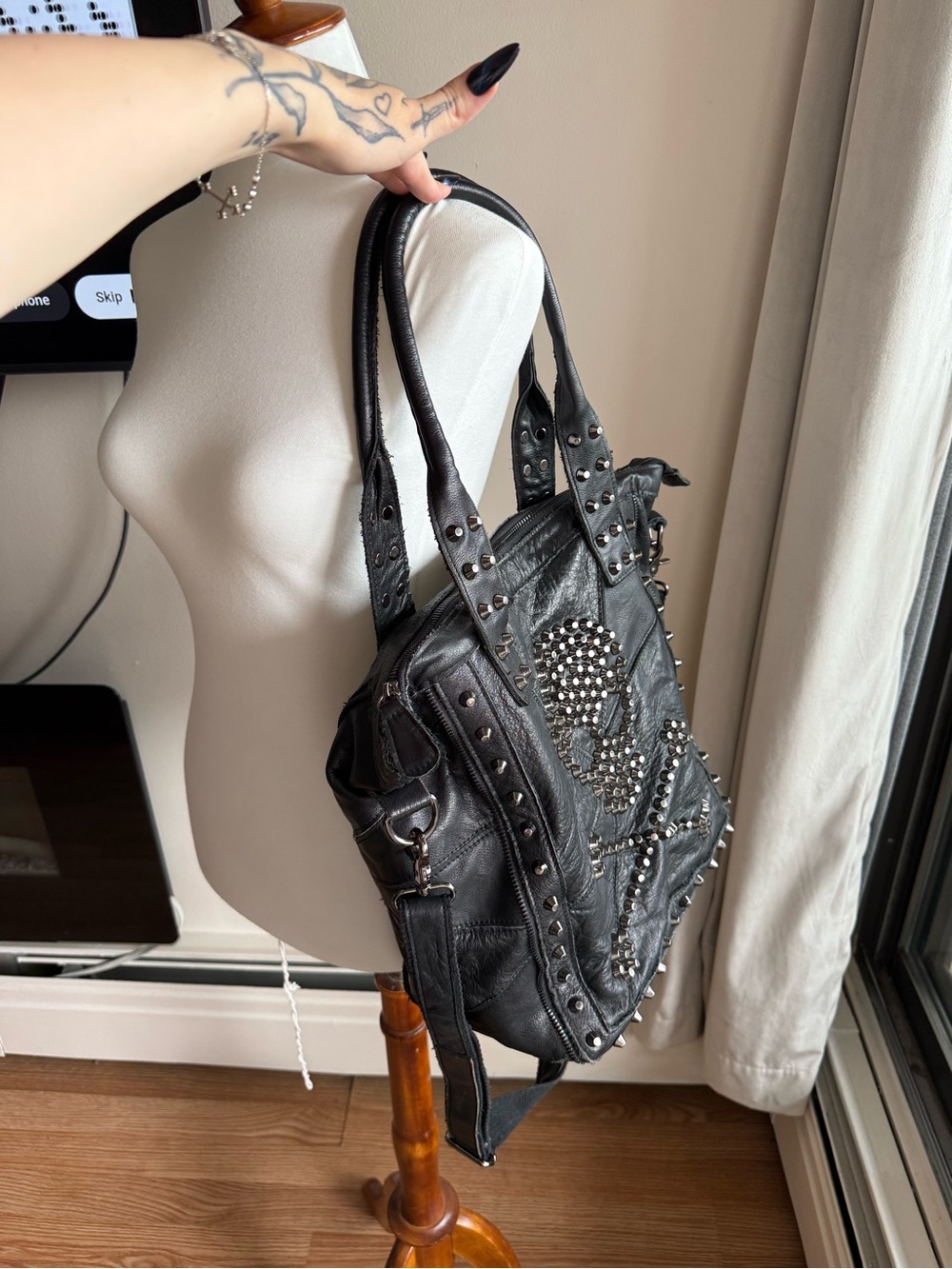 Studded Black Leather Tote Bag with Skull Accent - Picture 2 of 9